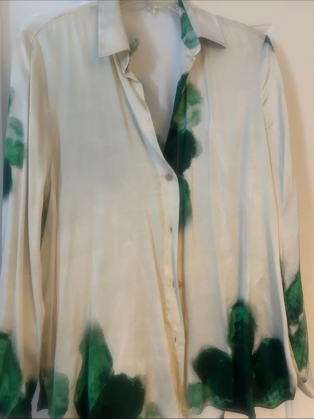 Zara Cream Button-Down Blouse with Green Watercolor Floral